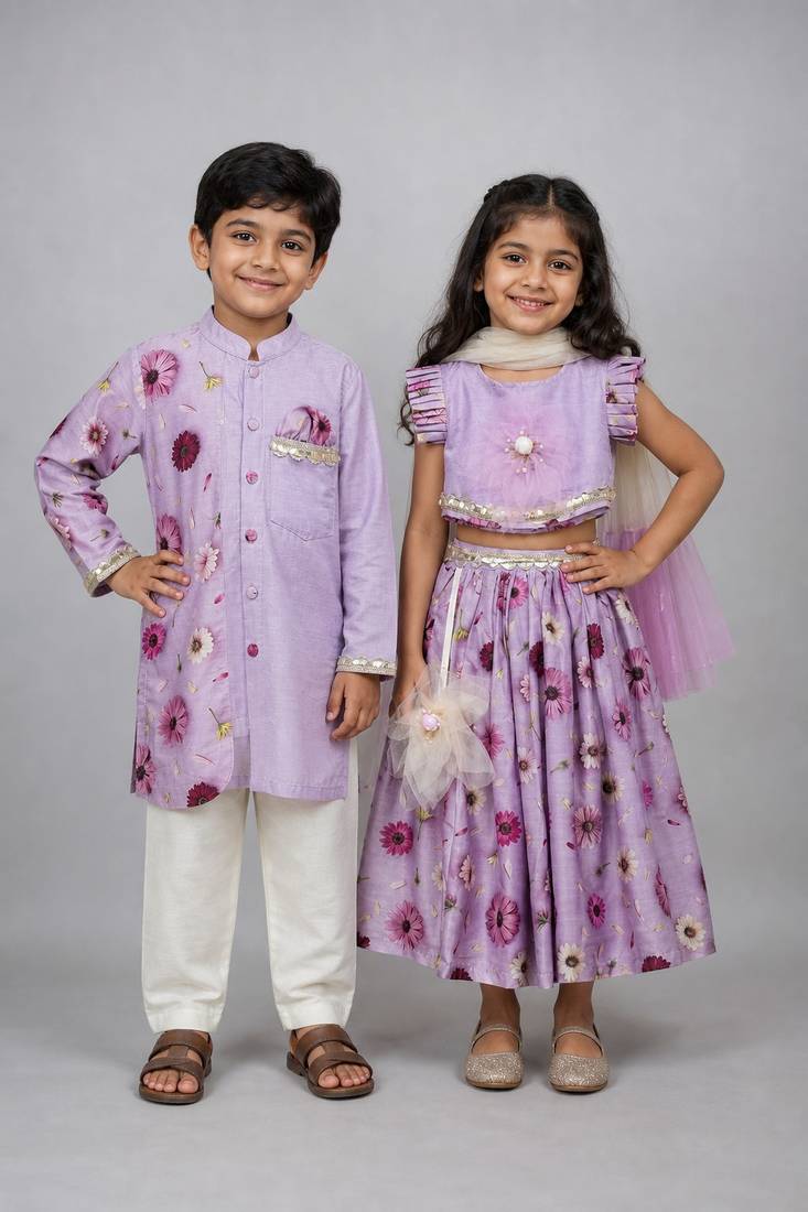 Light purple embroidered cotton silk lehenga choli & kurta pyjama brother sister matching combo
