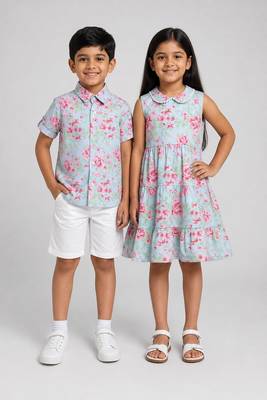 Multicolor, blue & pink printed cotton dress & co-ord set brother sister matching combo 1