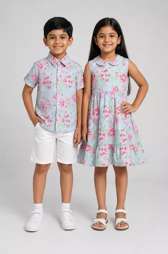 Multicolor, blue & pink printed cotton dress & co-ord set brother sister matching combo