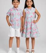 Multicolor, blue & pink printed cotton dress & co-ord set brother sister matching combo