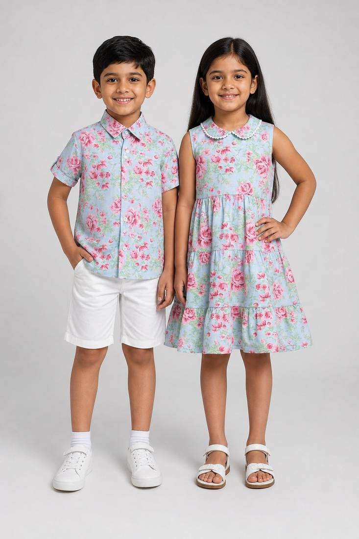 Multicolor, blue & pink printed cotton dress & co-ord set brother sister matching combo