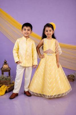 Yellow embroidered & solid cotton lehenga choli & bandhgala brother sister matching combo 1