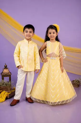 Yellow embroidered & solid cotton lehenga choli & bandhgala brother sister matching combo