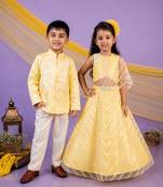 Yellow embroidered & solid cotton lehenga choli & bandhgala brother sister matching combo