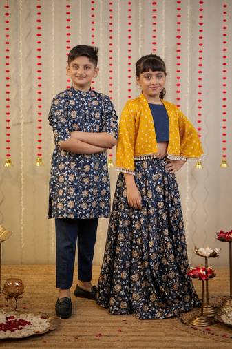 Blue block printed cotton silk skirt set & kurta pyjama brother sister matching combo