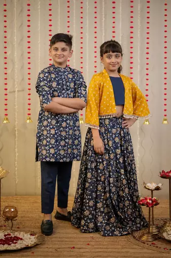 Blue block printed cotton silk skirt set & kurta pyjama brother sister matching combo