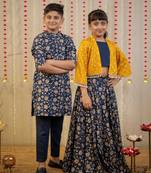 Blue block printed cotton silk skirt set & kurta pyjama brother sister matching combo