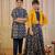 Blue block printed cotton silk skirt set & kurta pyjama brother sister matching combo
