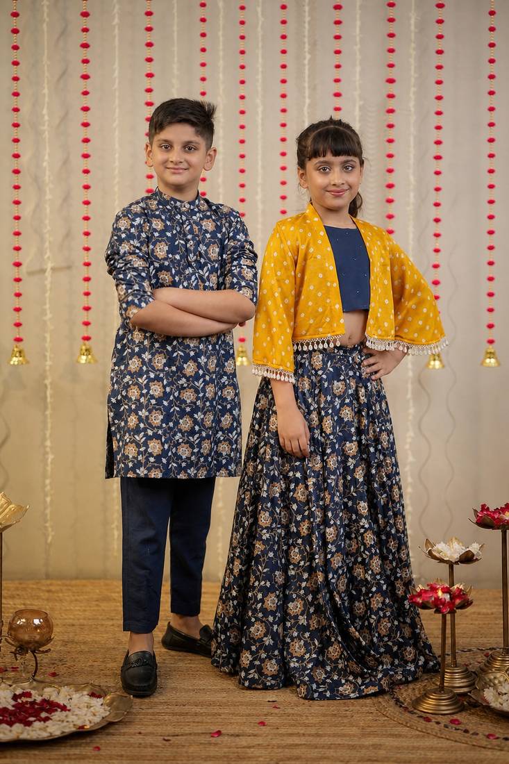 Blue block printed cotton silk skirt set & kurta pyjama brother sister matching combo