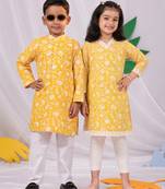 Yellow printed blended cotton kurta set & kurta pyjama brother sister matching combo