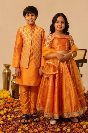 Deep orange embroidered taffeta lehenga choli & kurta jacket brother sister matching combo