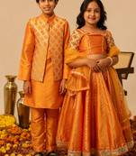 Deep orange embroidered taffeta lehenga choli & kurta jacket brother sister matching combo