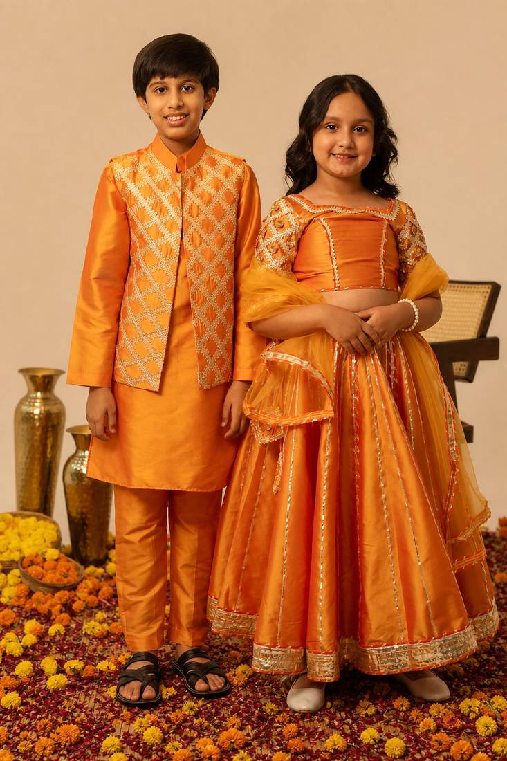 Deep orange embroidered taffeta lehenga choli & kurta jacket brother sister matching combo