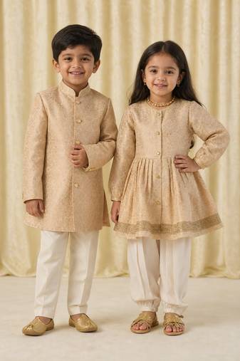 White & gold embroidered brocade kurta salwar set & bandhgala brother sister matching combo