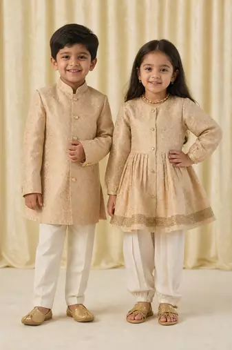 White & gold embroidered brocade kurta salwar set & bandhgala brother sister matching combo