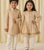White & gold embroidered brocade kurta salwar set & bandhgala brother sister matching combo