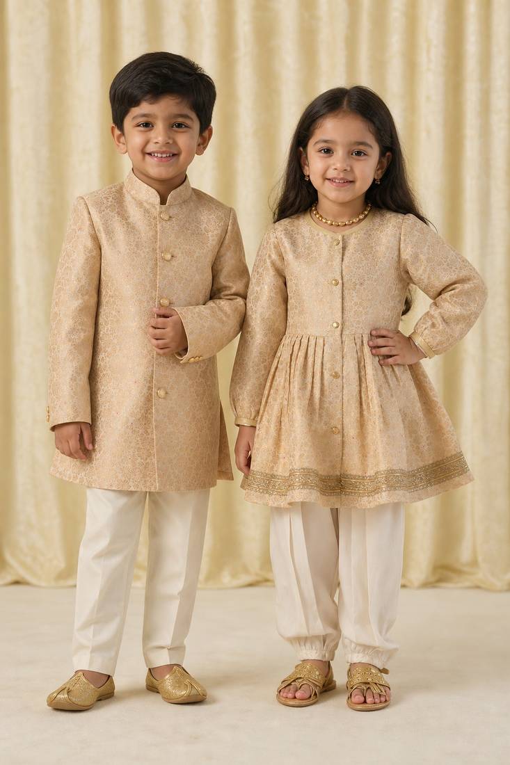 White & gold embroidered brocade kurta salwar set & bandhgala brother sister matching combo