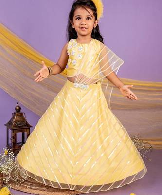 Yellow embroidered & solid cotton lehenga choli & bandhgala brother sister matching combo 2