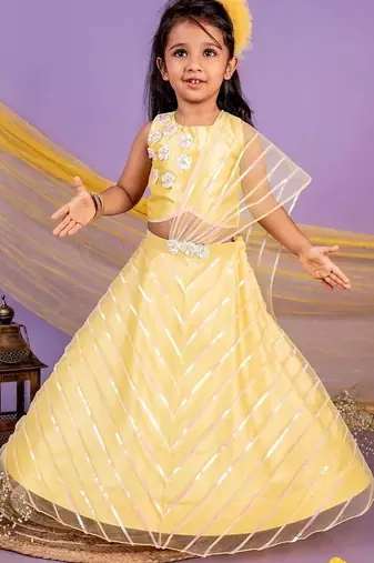 Yellow embroidered & solid cotton lehenga choli & bandhgala brother sister matching combo