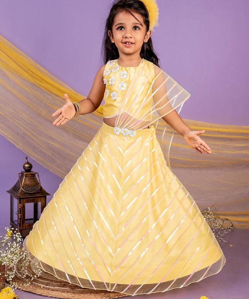 Yellow embroidered & solid cotton lehenga choli & bandhgala brother sister matching combo