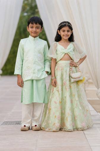 Green embroidered & sequinned net & silk lehenga choli & kurta jacket brother sister matching combo