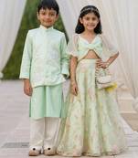 Green embroidered & sequinned net & silk lehenga choli & kurta jacket brother sister matching combo