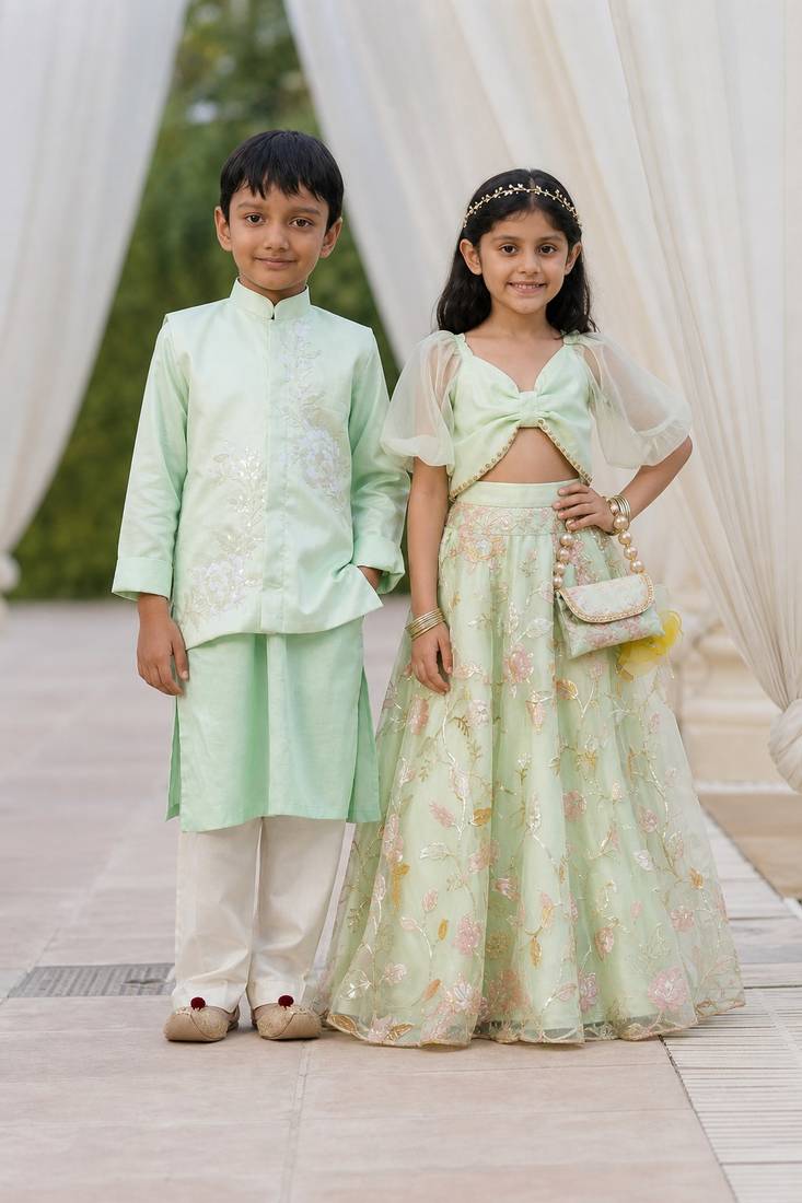 Green embroidered & sequinned net & silk lehenga choli & kurta jacket brother sister matching combo