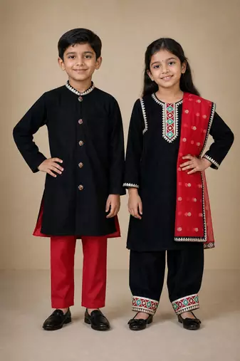 Black embroidered & solid velvet kurta salwar set & sherwani brother sister matching combo