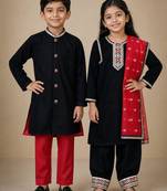 Black embroidered & solid velvet kurta salwar set & sherwani brother sister matching combo