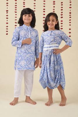Blue woven cotton dress & kurta pant brother sister matching combo 1