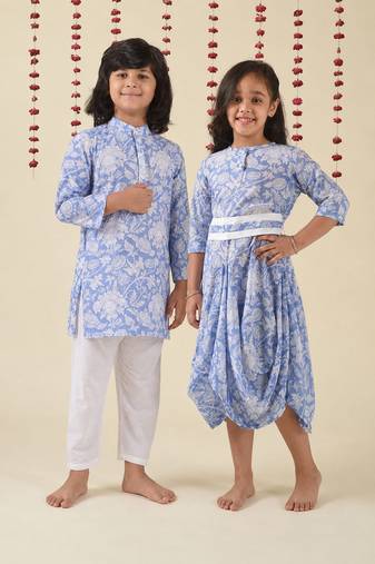 Blue woven cotton dress & kurta pant brother sister matching combo