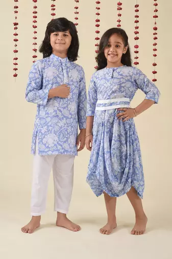 Blue woven cotton dress & kurta pant brother sister matching combo