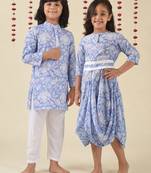 Blue woven cotton dress & kurta pant brother sister matching combo