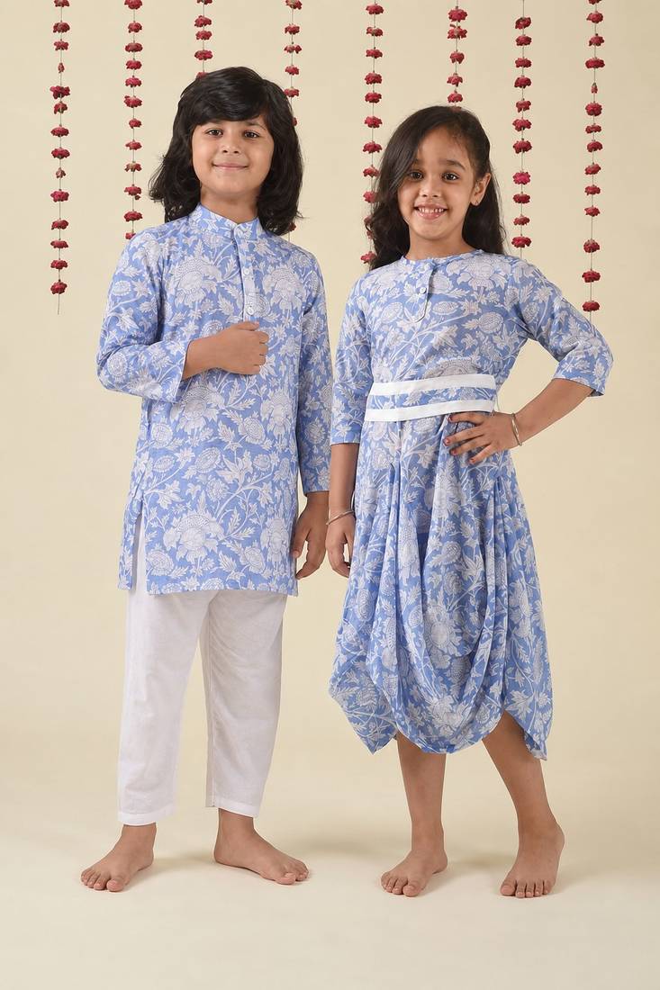 Blue woven cotton dress & kurta pant brother sister matching combo