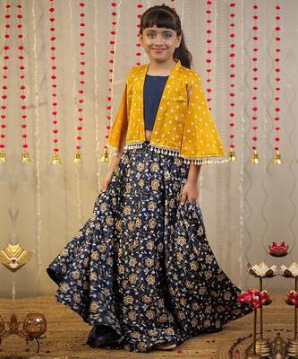 Blue block printed cotton silk skirt set & kurta pyjama brother sister matching combo 2