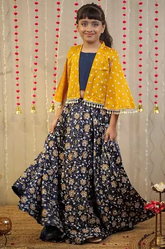 Blue block printed cotton silk skirt set & kurta pyjama brother sister matching combo
