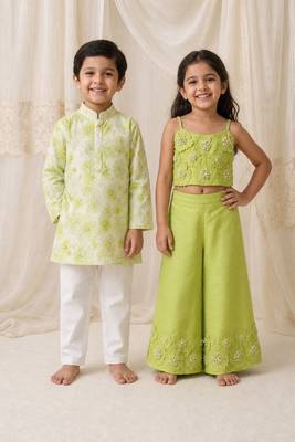 Lime green embroidered & printed cotton co-ord set & kurta pant brother sister matching combo 1