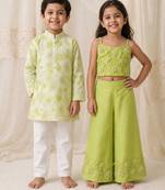 Lime green embroidered & printed cotton co-ord set & kurta pant brother sister matching combo
