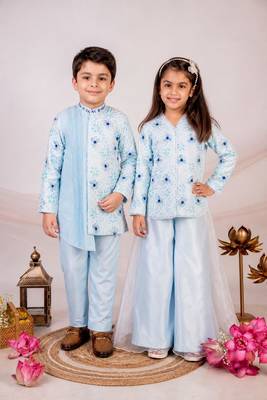 Blue embroidered cotton sharara set & bandhgala brother sister matching combo 1