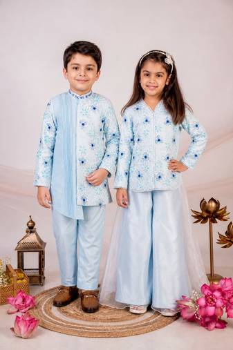 Blue embroidered cotton sharara set & bandhgala brother sister matching combo