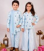 Blue embroidered cotton sharara set & bandhgala brother sister matching combo
