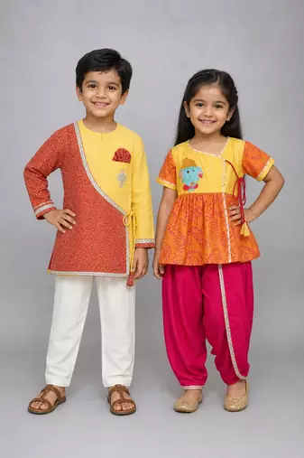 Orange embroidered cotton silk dhoti kurta set & kurta pyjama brother sister matching combo