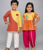 Orange embroidered cotton silk dhoti kurta set & kurta pyjama brother sister matching combo