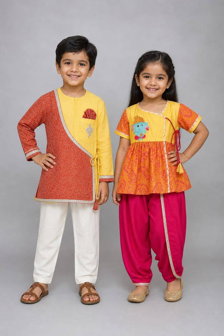Orange embroidered cotton silk dhoti kurta set & kurta pyjama brother sister matching combo