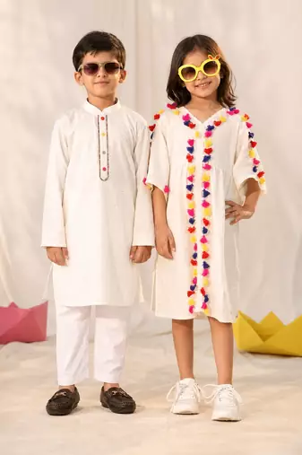 Cream woven blended cotton dress & kurta pyjama brother sister matching combo