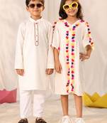 Cream woven blended cotton dress & kurta pyjama brother sister matching combo