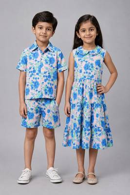 Blue & off white printed cotton dress & co-ord set brother sister matching combo 1