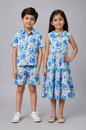 Blue & off white printed cotton dress & co-ord set brother sister matching combo