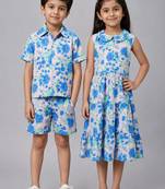 Blue & off white printed cotton dress & co-ord set brother sister matching combo