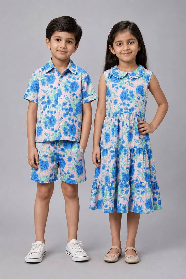 Blue & off white printed cotton dress & co-ord set brother sister matching combo